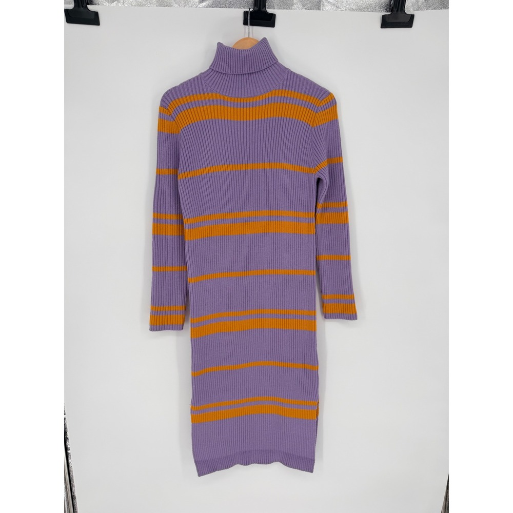 Moon River Sweater Dress L Purple Orange Striped Turtleneck Ribbed Retro Mod